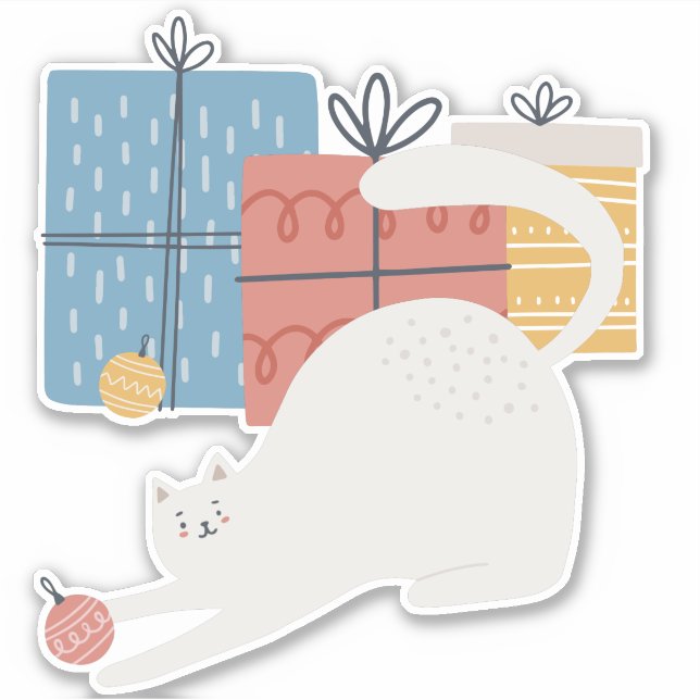 Sticker Chat blanc Boules de décoration de Noël cadeaux (Devant)