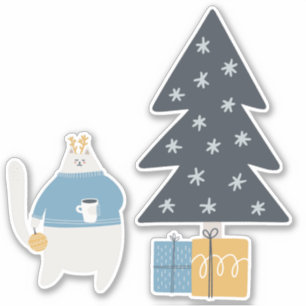 Sticker Chat blanc chandail bleu ornement de noël arbre