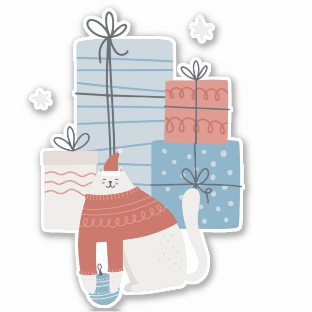 Sticker Chat blanc chandail rouge présente cadeaux ornemen (Devant)