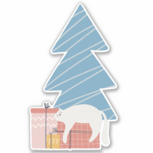 Sticker Chat blanc endormi sur les cadeaux sous le sapin d