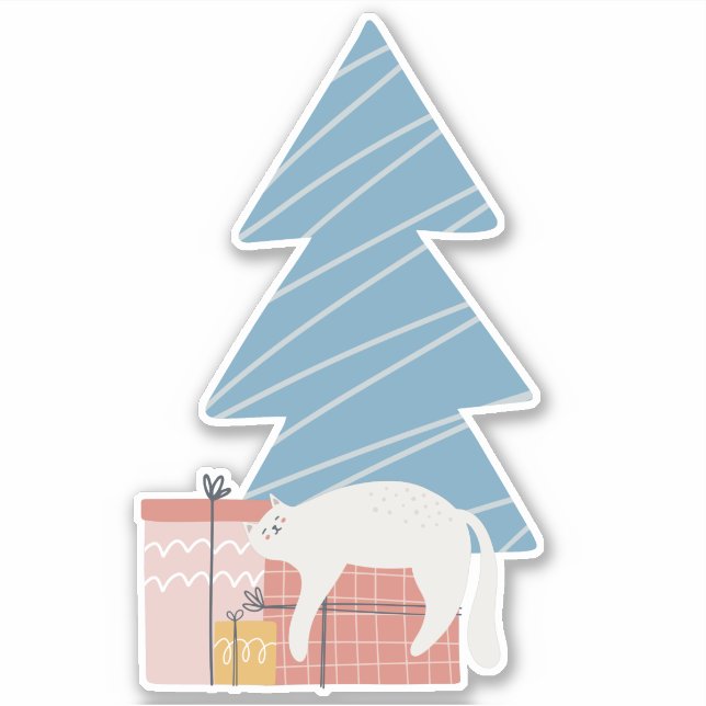 Sticker Chat blanc endormi sur les cadeaux sous le sapin d (Devant)