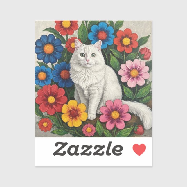 Sticker Chat Blanc Fluffy et Fleurs d'Art Populaire (Feuille)