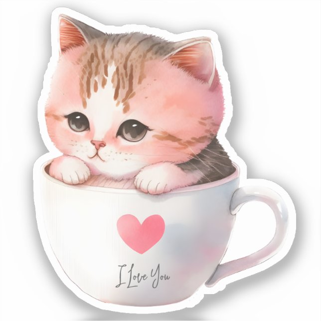 Sticker Chat blanc-rose mignonne dans une tasse de thé (2) (Recto)