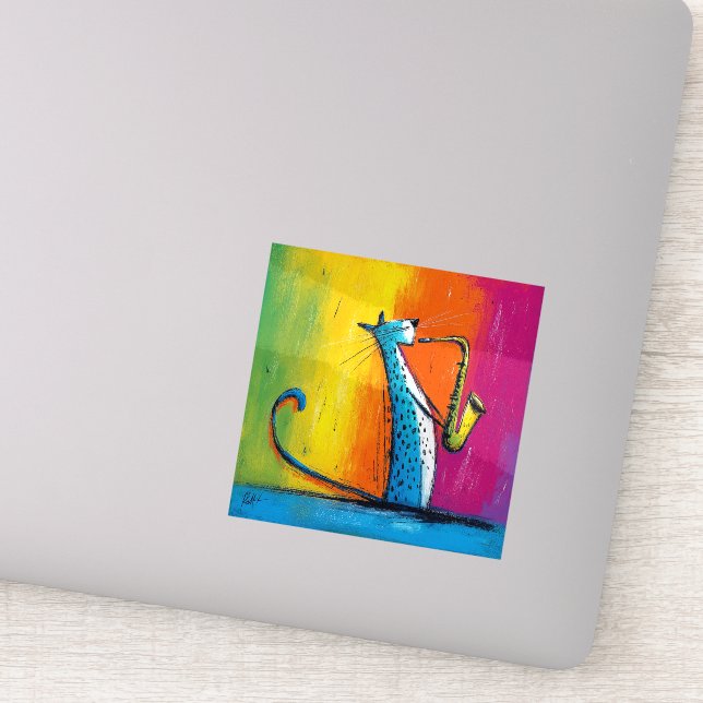 Sticker Chat bleu jouant du saxophone (Détail)