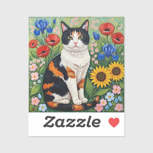 Sticker Chat calicot et tournesols d'art populaire (Feuille)