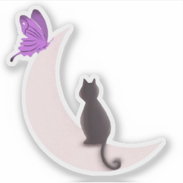 Sticker Chat céleste esthétique et papillon violet Lune  (Devant)