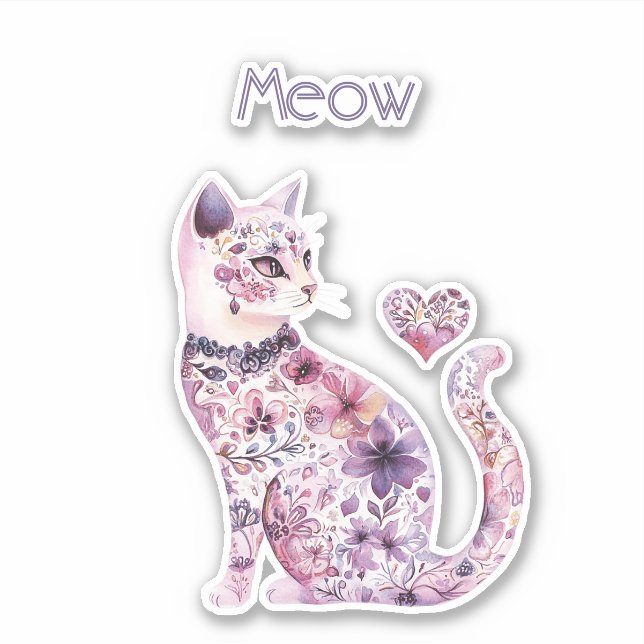 Sticker Chat cœur floral rose violet   (Devant)