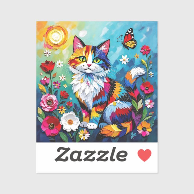 Sticker Chat coloré et papillon   (Feuille)
