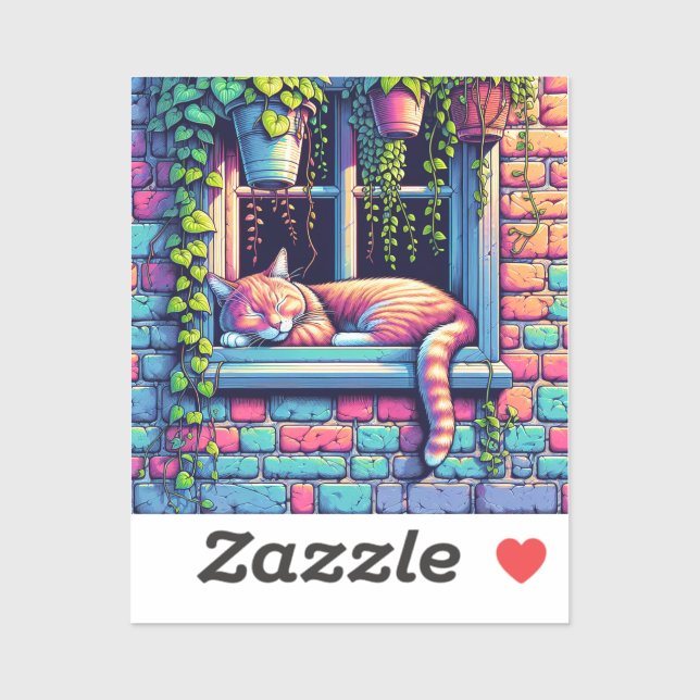 Sticker Chat couché dans la fenêtre Sill Ai Art (Feuille)