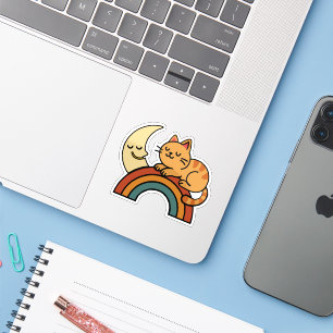 Sticker Chat couché mignon sur arc-en-ciel avec lune