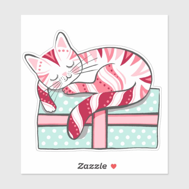 Sticker Chat couché sur un cadeau de Noël (Feuille)