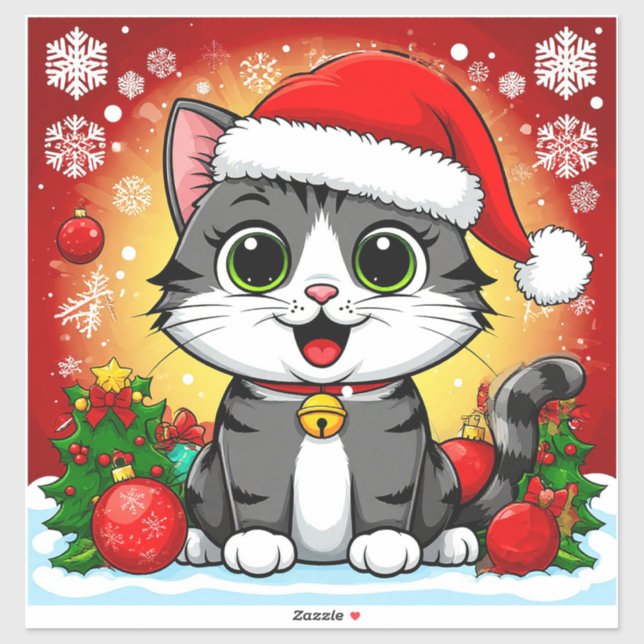 Sticker Chat de dessin en chapeau de Noël avec décoration  (Feuille)