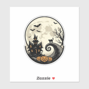 Sticker Chat de Halloween Vintage Maison Hantée Lune Vecte