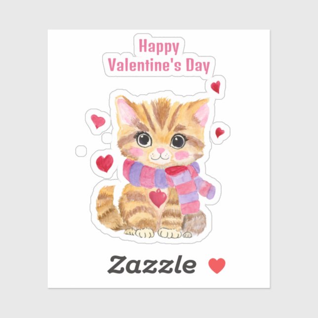 Sticker Chat de la Saint-Valentin à l'aquarelle (Feuille)