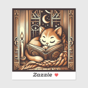 Sticker Chat de style Art Déco vintage endormi avec un liv