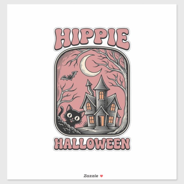 Sticker Chat d'Halloween Hippie Maison Hantée Design Vinta (Feuille)