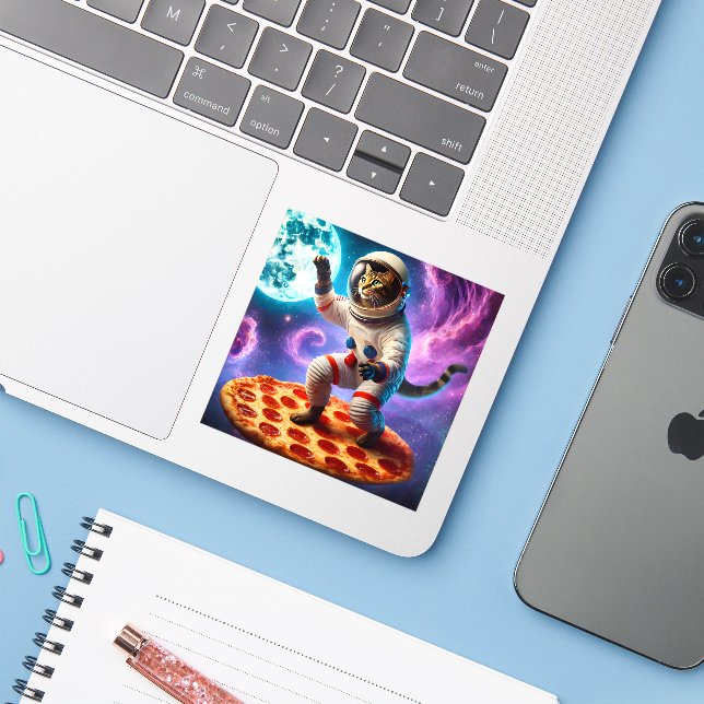 Sticker Chat Drôle Voler Une Pizza Astronaut Kitty Space (Ordinateur portable avec iPhone)