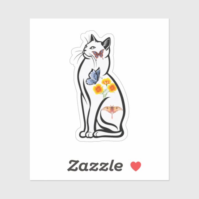 Sticker Chat élégant contour avec papillons et fleur (Feuille)