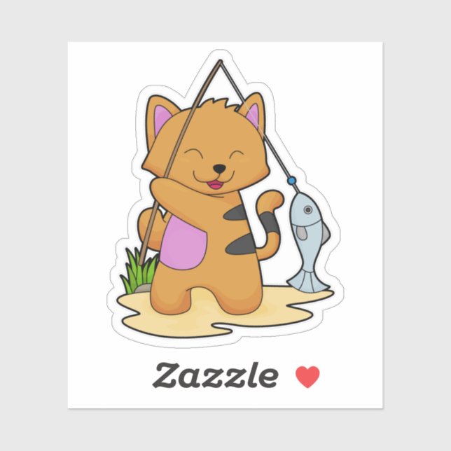 Sticker Chat en Fisher avec la baguette de pêche et le poi (Feuille)