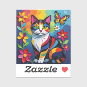 Sticker Chat en papier coloré, fleurs et papillons