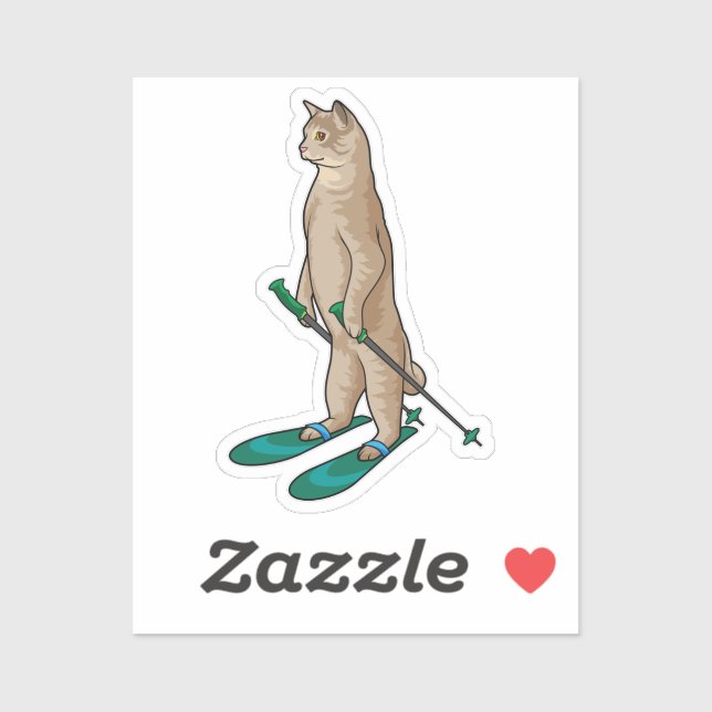 Sticker Chat en skieur avec skis & bâtons de ski (Feuille)