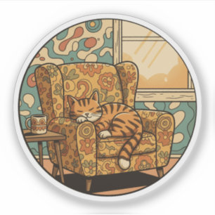 Sticker Chat endormi douillet - Rêve de fauteuil rétro flo