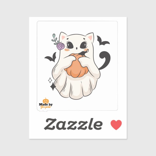 Sticker Chat Fantôme mignon avec Citrouille | Éffrayant Ha (Feuille)
