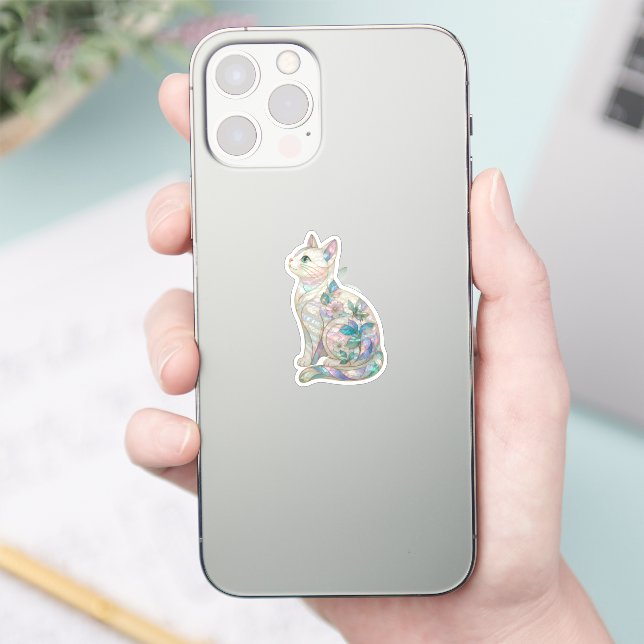 Sticker Chat floral en verre teinté blanc nacre (Téléphone)