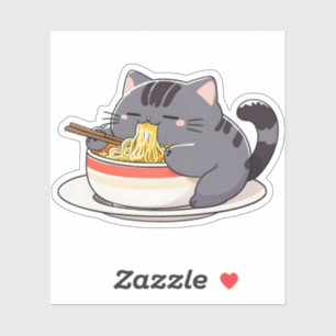 Sticker Chat gourmand et grassouillet savourant des nouill