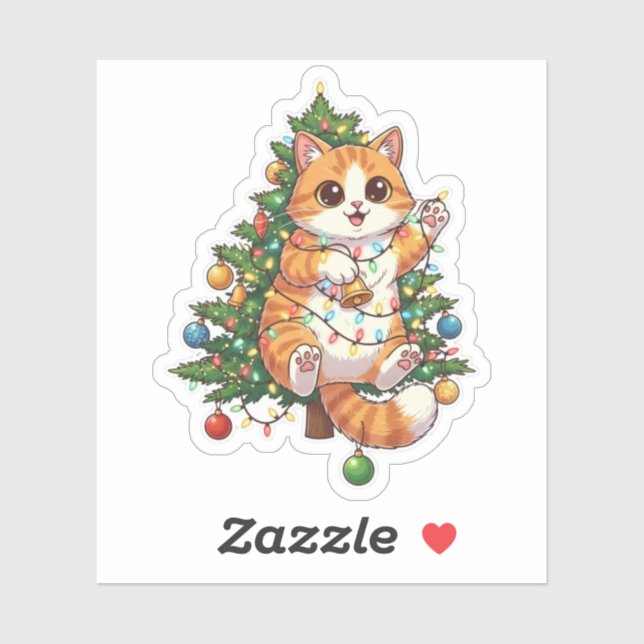 Sticker Chat grimpeur d'arbre de Noël emmêlé dans les lumi (Feuille)