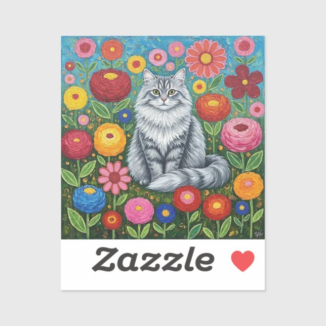 Sticker Chat gris rayé et duveteux avec fleurs d'art folkl (Feuille)