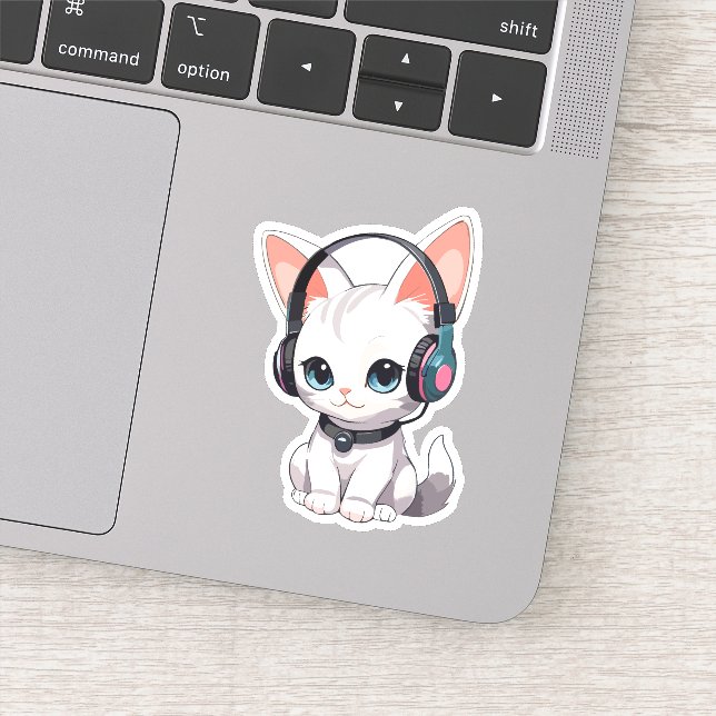 Sticker Chat Kawaii avec des écouteurs à la mode (Détail)
