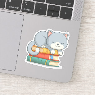 Sticker Chat mignon au-dessus de la pile de livres