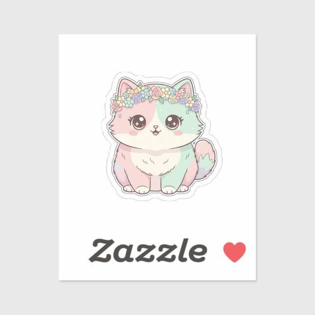 Sticker Chat Mignon Kawaii avec Couronne de Fleurs Autocol (Feuille)