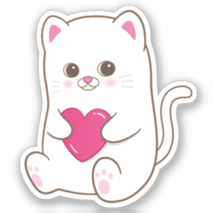 Sticker Chat Mignon Kawaii Cœur Rose Saint-Valentin