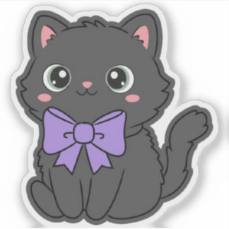 Sticker Chat Mignon Kawaii Doux avec Grand Ruban Violet Vi