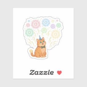 Sticker Chat Mignon Regardant les Feux d'Artifice Fête de