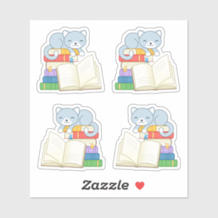 Sticker Chat mignonne au-dessus d'une pile de livres, Ense