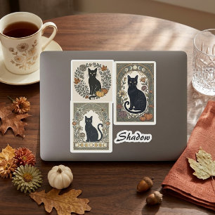 Sticker Chat noir botanique 3 Photos Nom Vintage Haloween