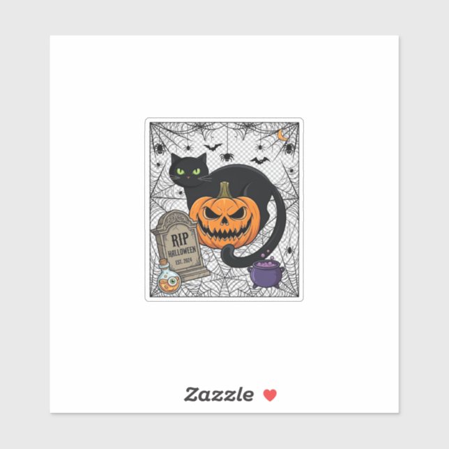Sticker Chat noir d'Halloween Citrouille Pierre tombale Ch (Feuille)