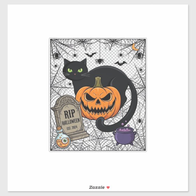 Sticker Chat noir d'Halloween Citrouille Pierre tombale Ch (Feuille)