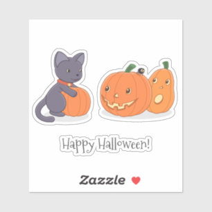 Sticker Chat noir d'Halloween et Citrouilles