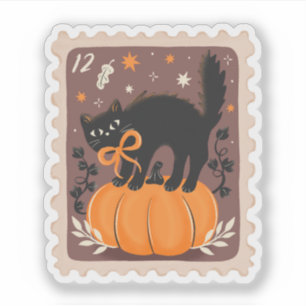 Sticker Chat noir d'Halloween vintage sur timbre Citrouill
