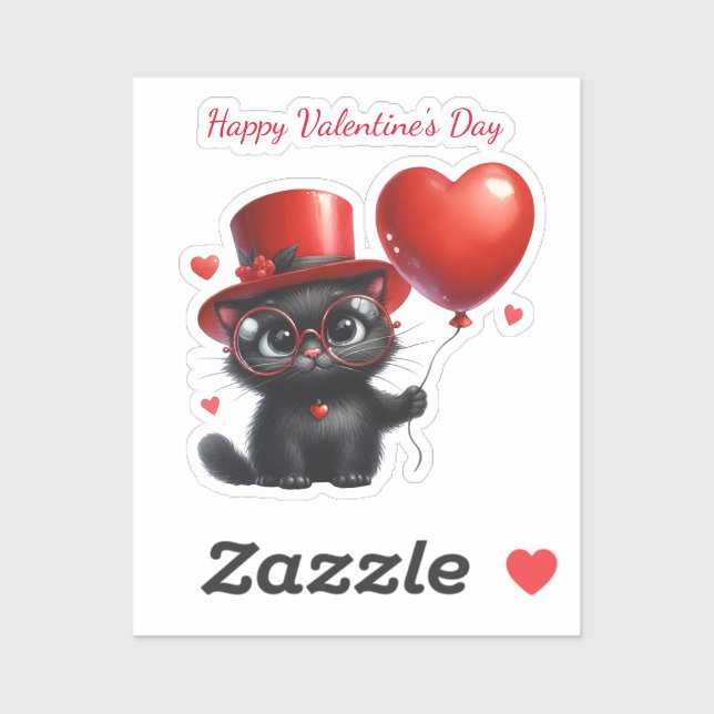 Sticker Chat Noir Drôle Avec Ballons Saint-Valentin (Feuille)