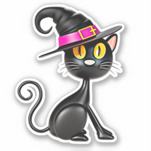 Sticker Chat noir en 3D avec chapeau de sorcière à ruban v
