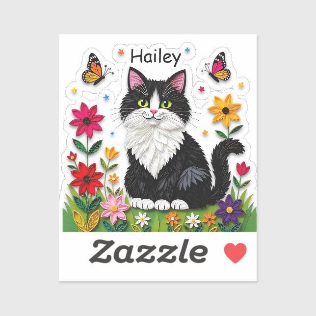 Sticker Chat noir et blanc, Fleurs et Papillons   (Feuille)