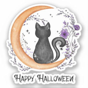 Sticker Chat noir et lune de croissant pour Halloween heur
