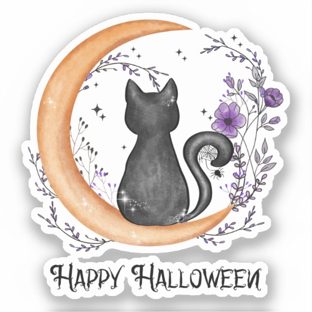 Sticker Chat noir et lune de croissant pour Halloween heur (Recto)