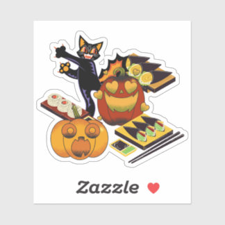 Sticker Chat noir et sushi de citrouille aux yeux du cœur 