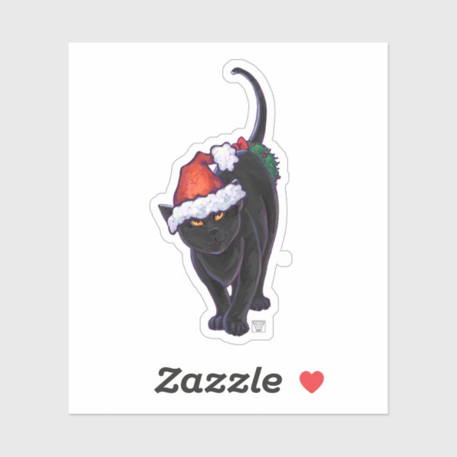 Sticker Chat noir festif dans un chapeau de Père Noël (Feuille)